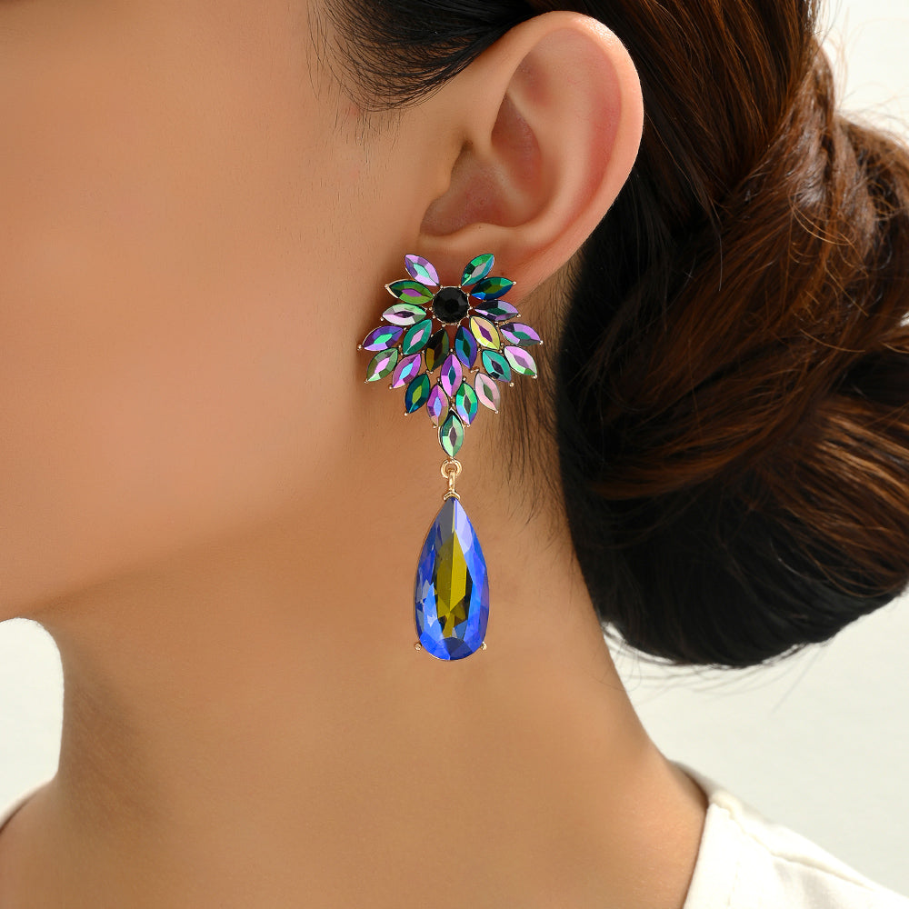 Floral Crystal Teardrop Dangle Earrings Statement Rhinestone Drop Jewelry For Women Party Wedding Bridal Prom