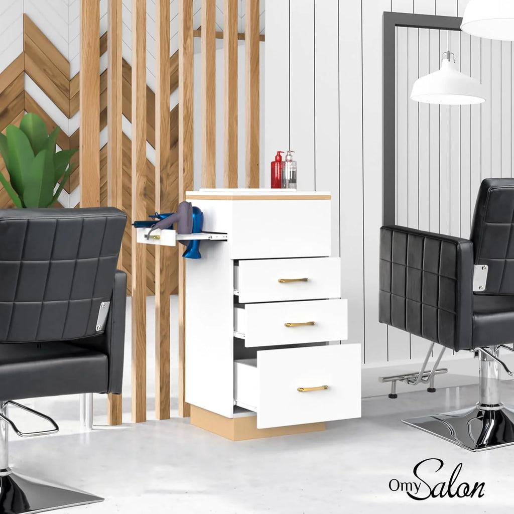 OmySalon Salon Storage Station, Barber Stations Beauty Salon Spa Equipment with 3 Drawers, a Storage Basin, 3 Hair Dryer Holders for Hair Styling, White Gold