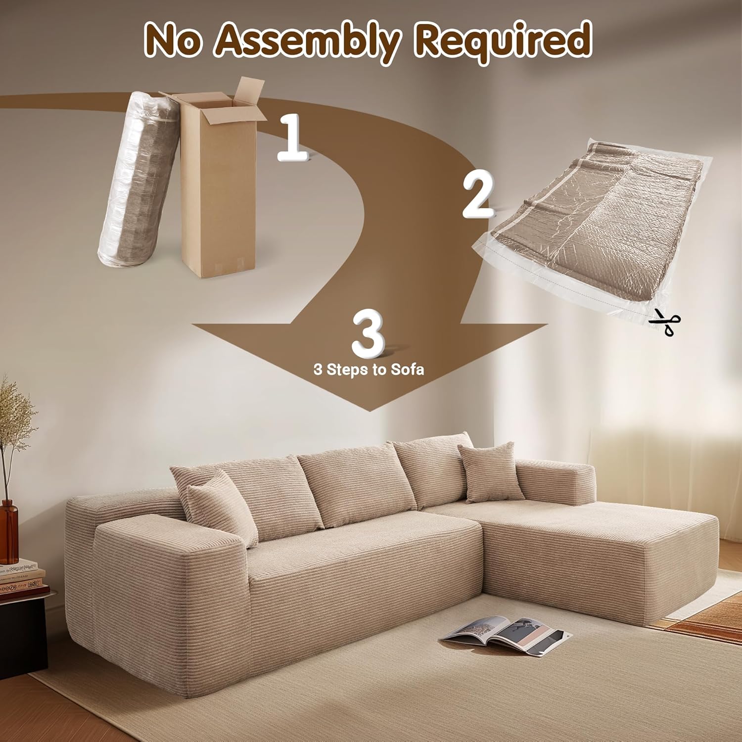 ovios 104" Cloud Sectional Couch with L-Shape Chaise,Modern Modular Sofa with Deep Seat, Upholstered Couches for Living Room Bedroom,No Assembly Required, Black (Corduroy Fabric)