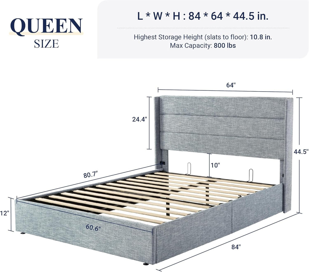 Allewie Queen Size Lift Up Storage Bed, Modern Wingback Headboard, Hydraulic Support, No Box Spring Needed, Light Beige
