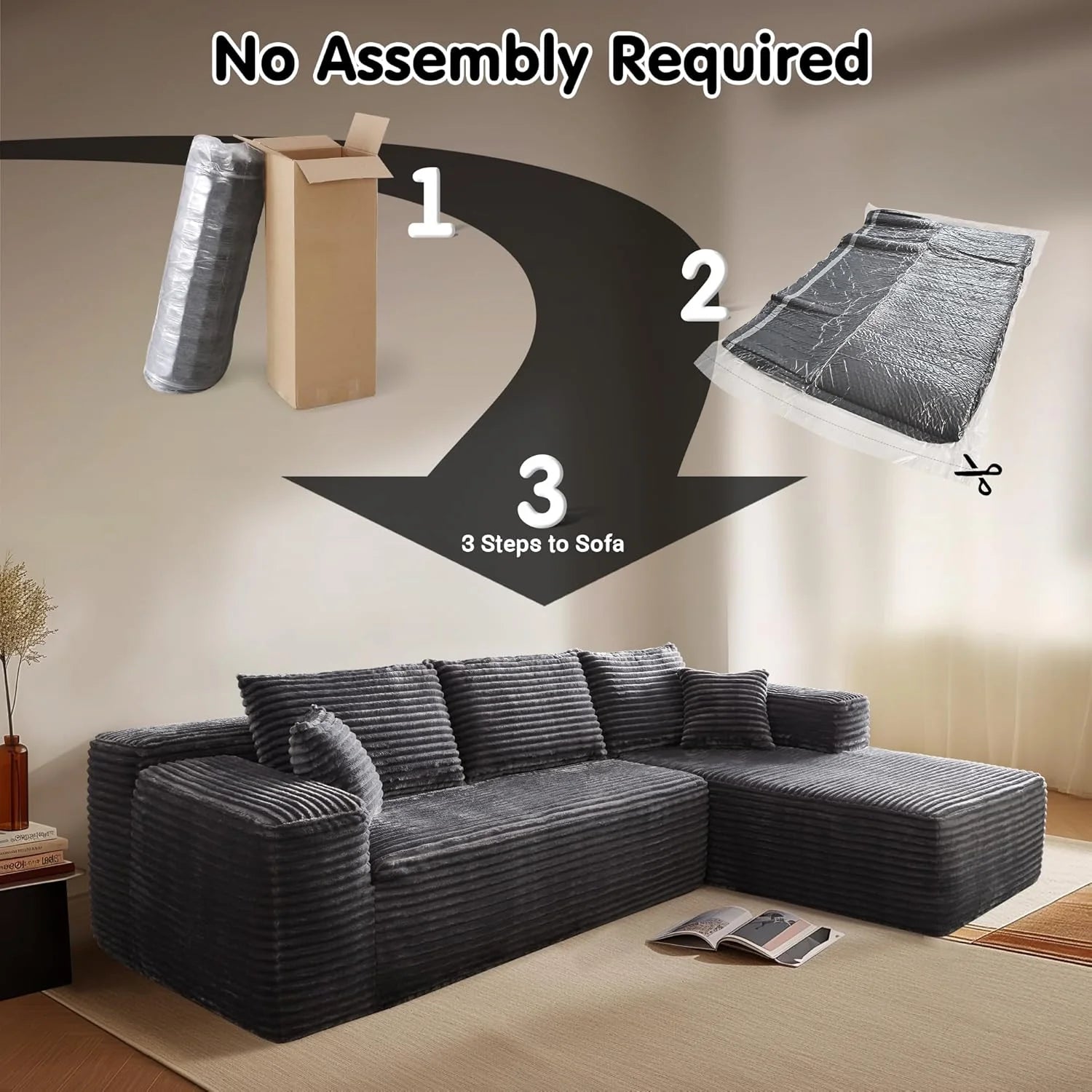 ovios 104" Cloud Sectional Couch with L-Shape Chaise,Modern Modular Sofa with Deep Seat, Upholstered Couches for Living Room Bedroom,No Assembly Required, Black (Corduroy Fabric)