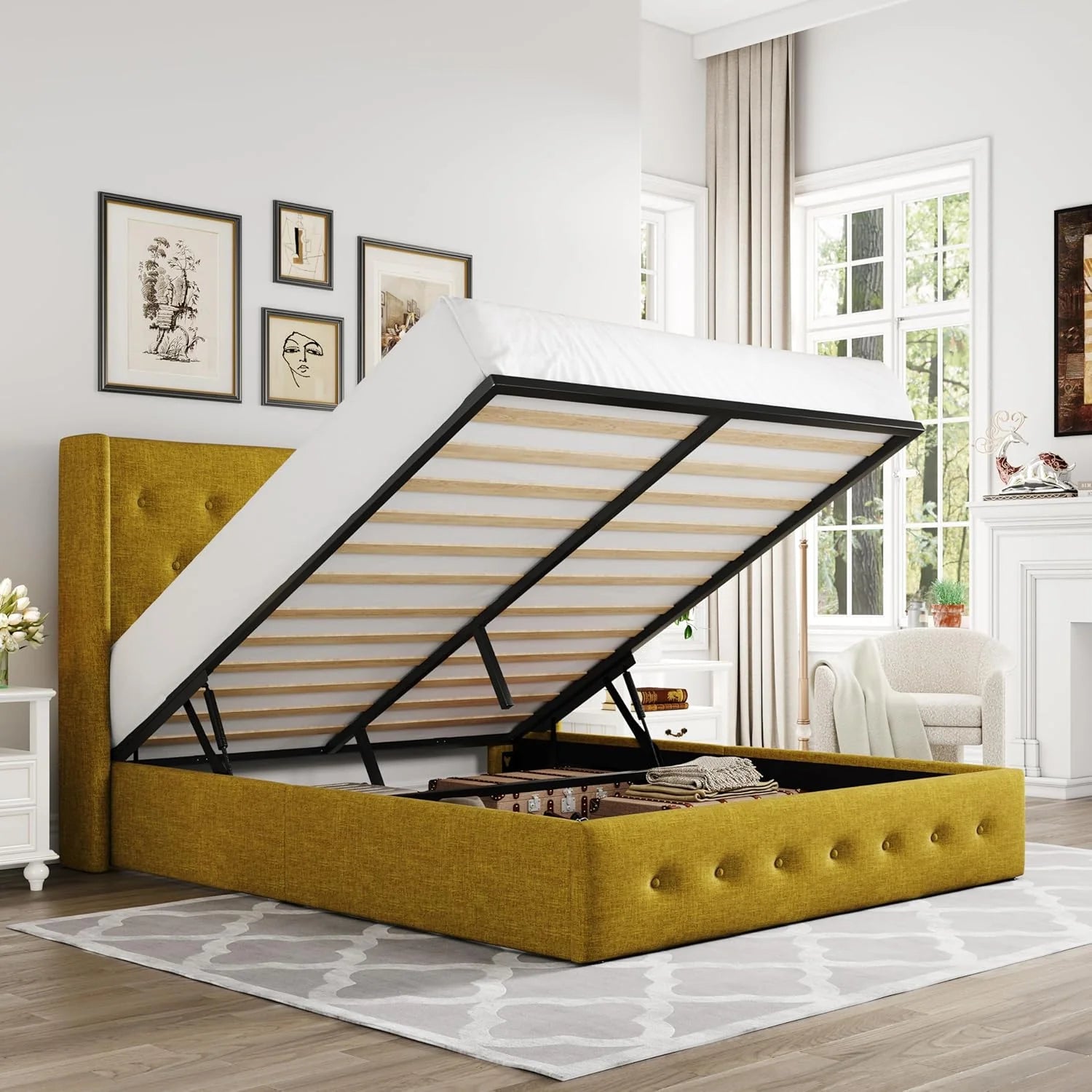 Allewie Queen Size Lift Up Storage Bed, Modern Wingback Headboard, Hydraulic Support, No Box Spring Needed, Light Beige
