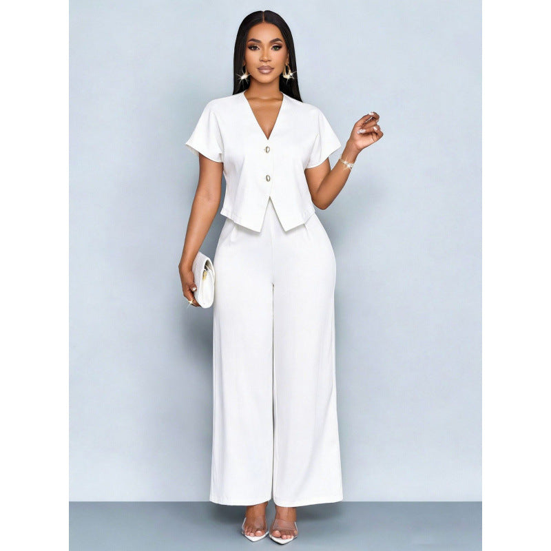 Short-sleeve V-neck Irregular Cardigan And Straight-leg Wide-leg Pants Set