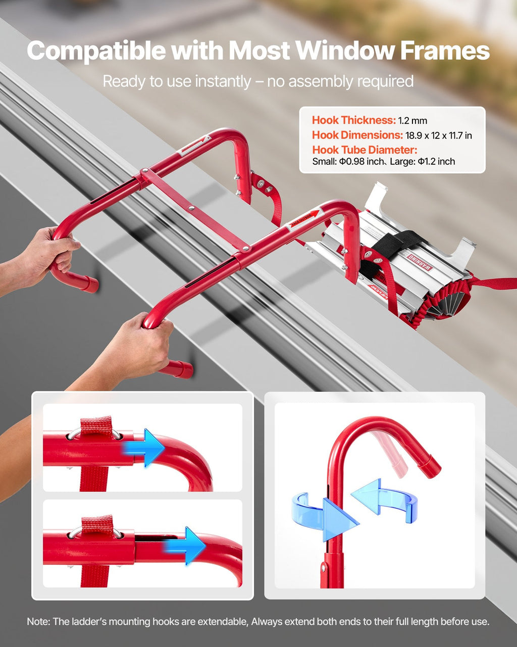Fire Escape Ladder, 5-6 Story 50FT Retractable Emergency Fire Ladder, Lightweight Aluminum Alloy Safety Escape Ladders With Sturdy Polyester Strap, Anti-Slip & Wide Rungs, 1000LBS Max Loading