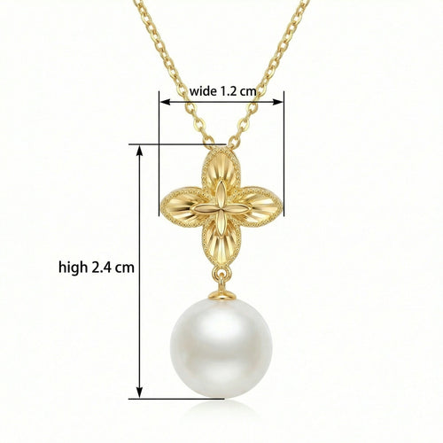 925 Sterling Silver Radiant Floral Motif Pendant Necklace with Lustrous White Pearl Drop