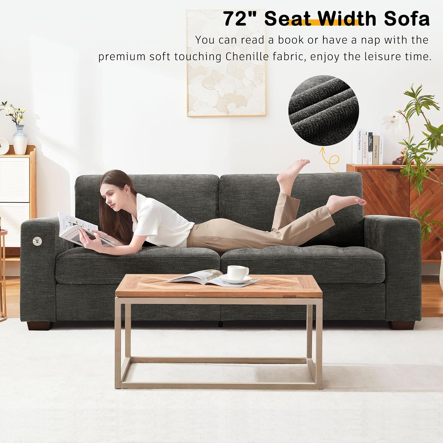 Hanherry 89" Sofa for Living Room, Modern Comfy Sofa with Medium Firm Seat Cushion, Removable Cover,Wide Armrest,USB/Type-C Port,Chenille Fabric Couches for Small Space,Apartment