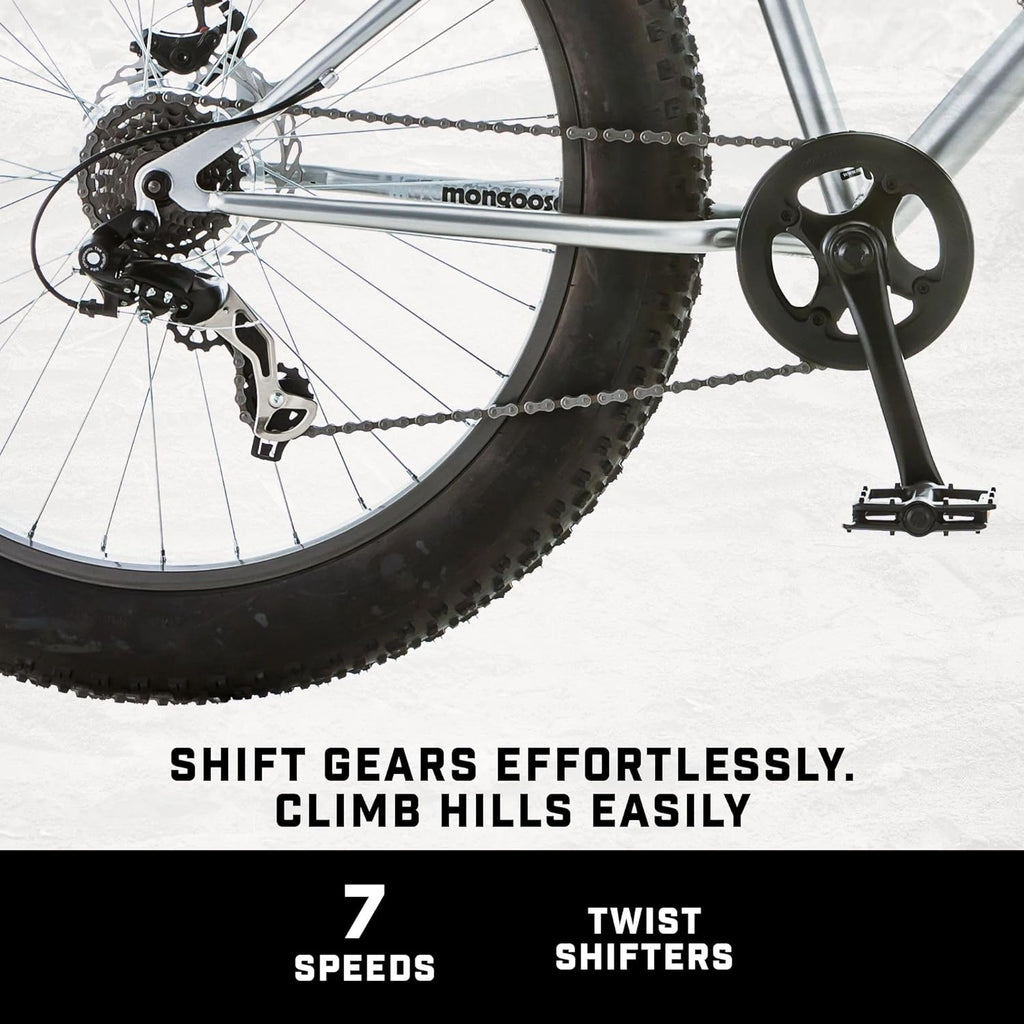 Mongoose Malus Mens and Women Fat Tire Mountain Bike, 26-Inch Bicycle Wheels, 4-Inch Wide Knobby Tires, Steel Frame, 7 Speed Drivetrain, Shimano Rear Derailleur, Disc Brakes