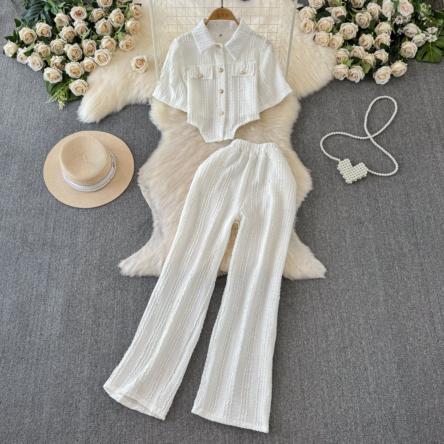 Womens Wide-leg Pants And Slim-fit Single-breasted Top Two-piece Set