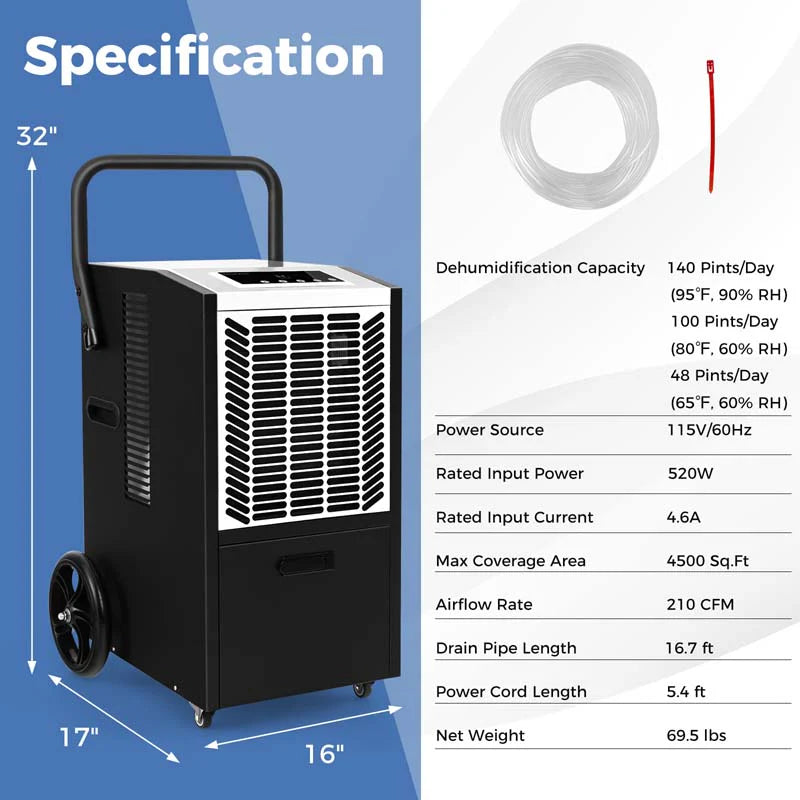 140 Pints Portable Crawl Space Dehumidifier w/Pump & Drain Hose, Industrial Commercial Dehumidifier for Basement Warehouse