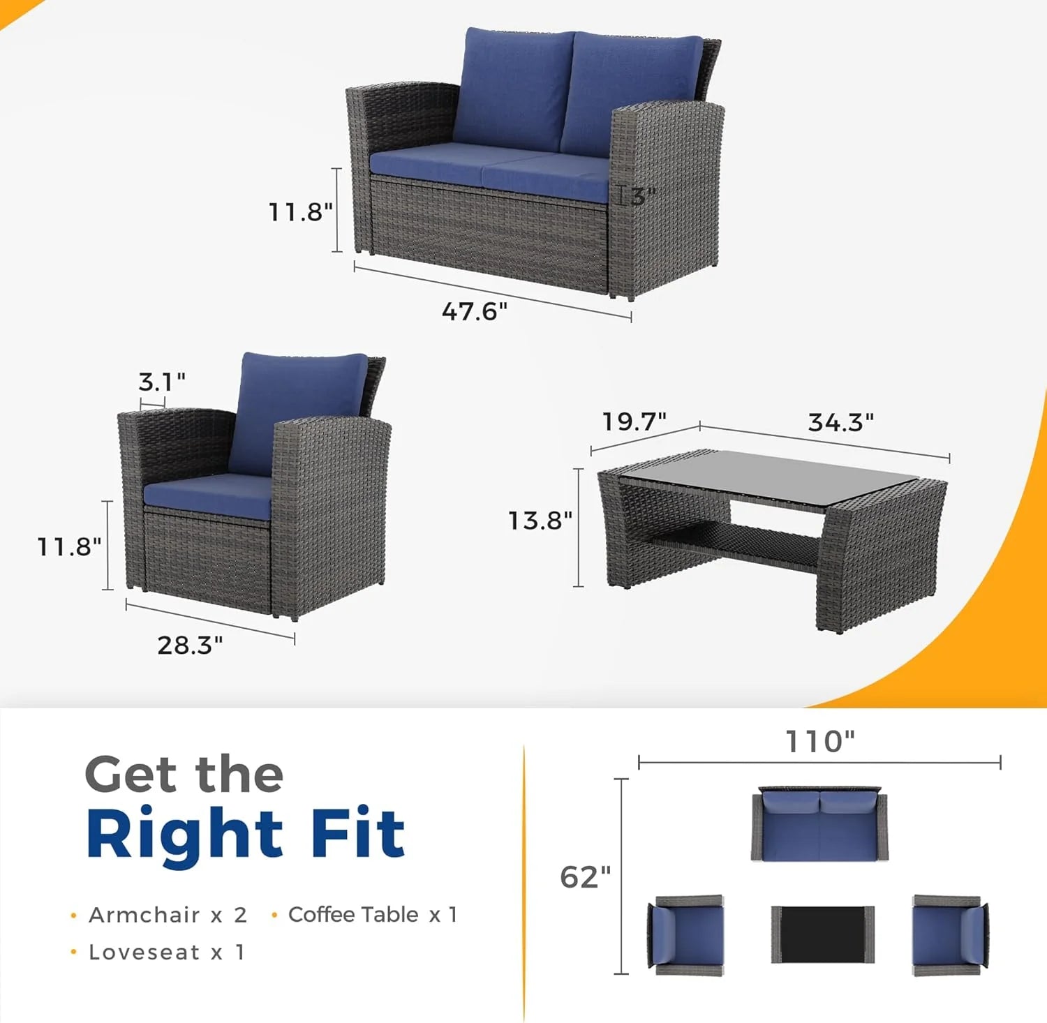 Wisteria Lane 4 Piece Outdoor Patio Furniture Sets, Wicker Conversation Set for Porch Deck, Grey Rattan Sofa Chair with Cushion ��Blue