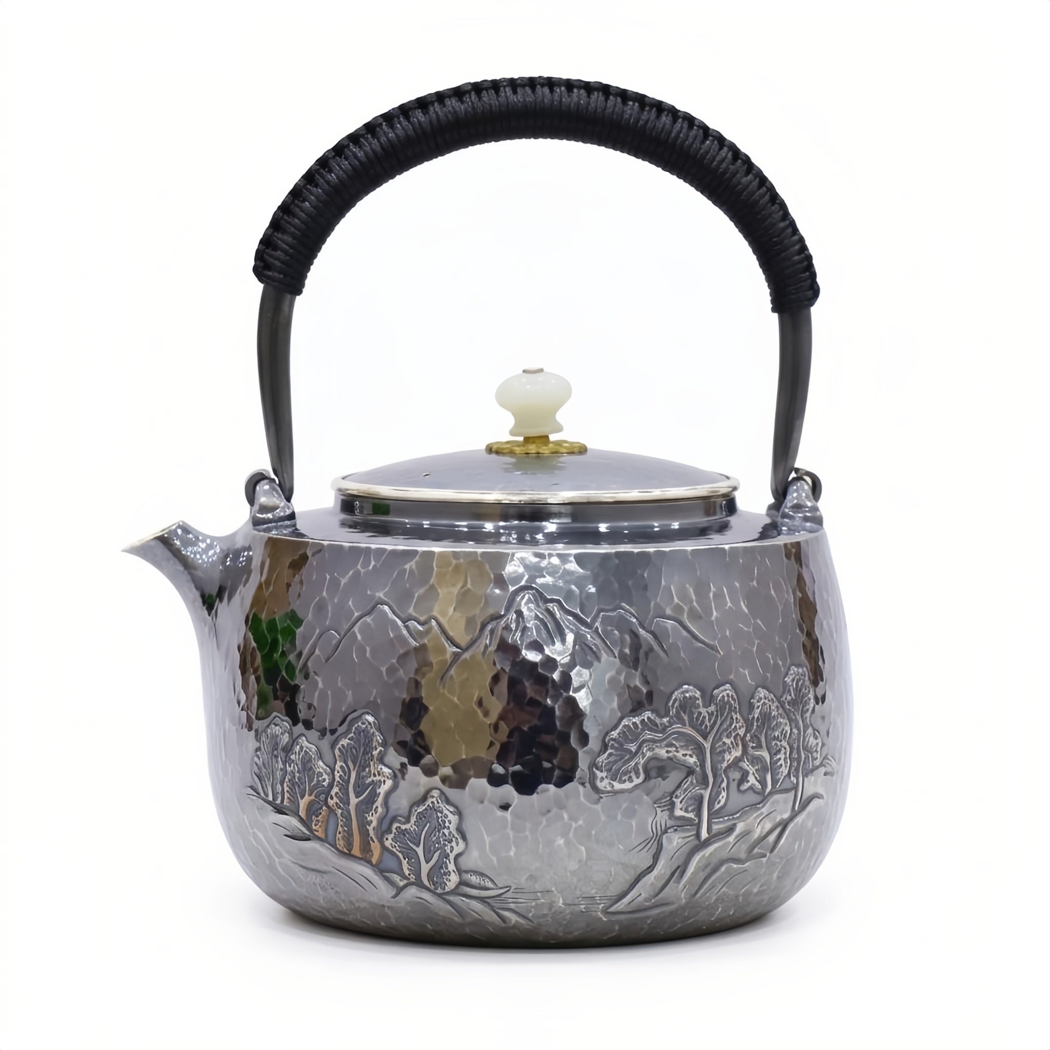 925 Sterling Silver Elegant Handcrafted  Teapot with Mountain Landscape Artistry and Hammered Finish-Fine large teapot - Handicraft
