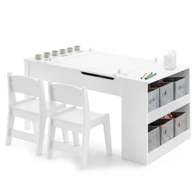 Kids Table and Chairs Set, 2 in 1 Wooden Art Table & Easel Set for Children with 2 Chairs
