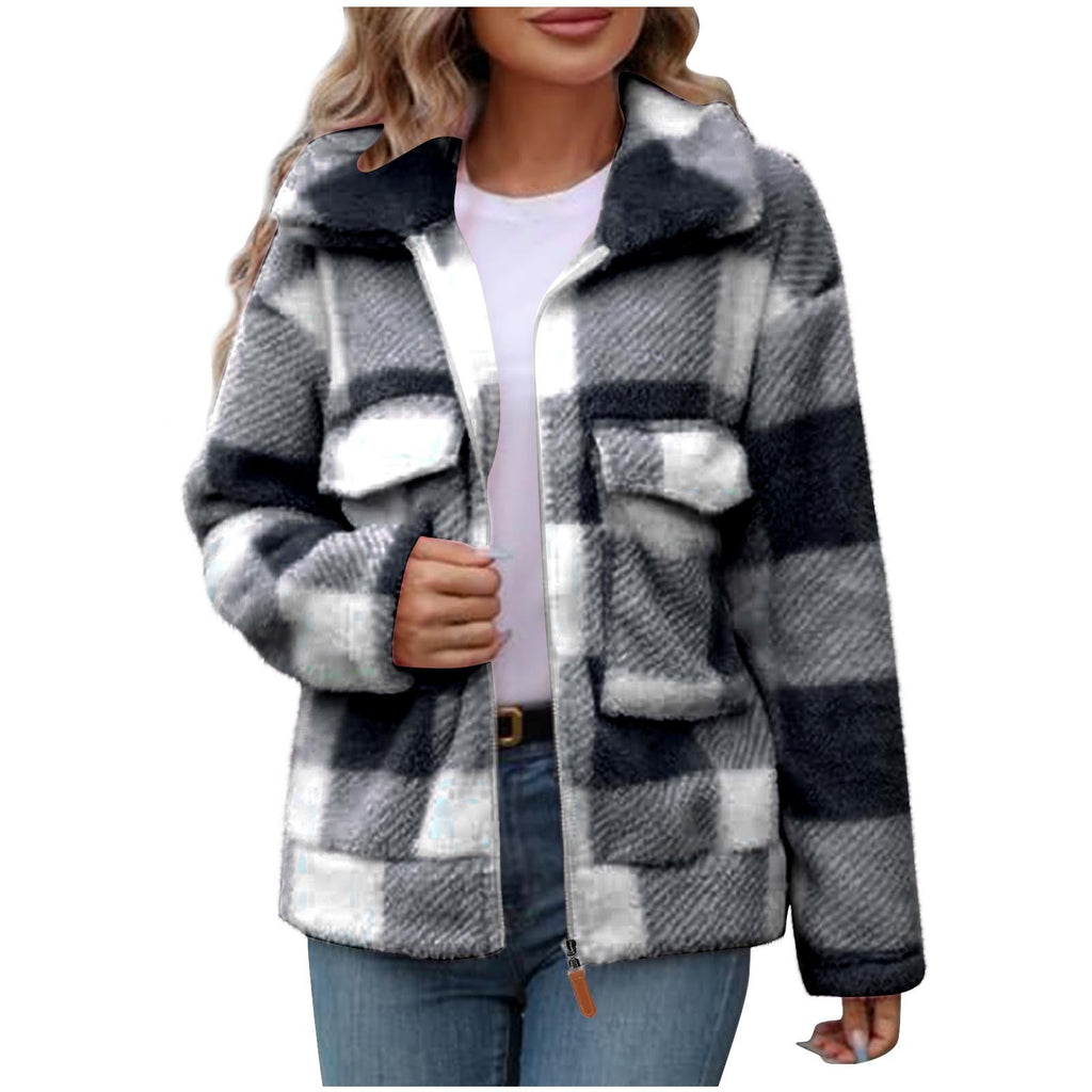 Double-Sided Polar Fleece Plaid Zip-Up Fluffy Coat