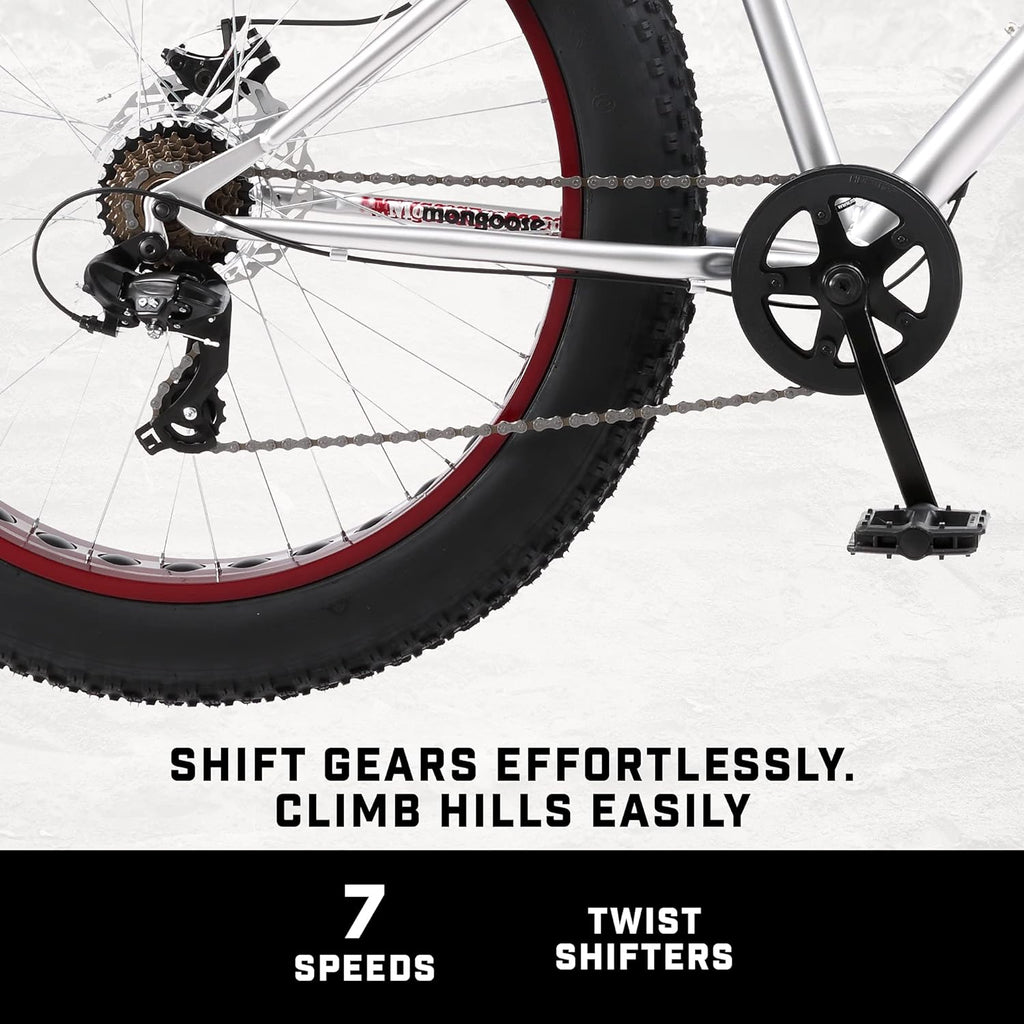 Mongoose Malus Mens and Women Fat Tire Mountain Bike, 26-Inch Bicycle Wheels, 4-Inch Wide Knobby Tires, Steel Frame, 7 Speed Drivetrain, Shimano Rear Derailleur, Disc Brakes