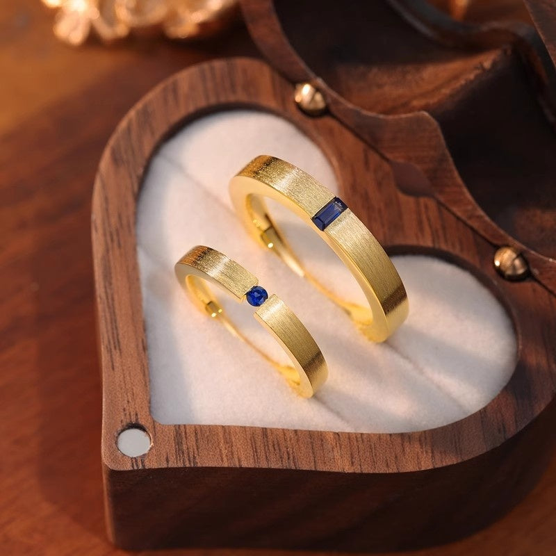 Hand-drawn And Engraved Blue Zircon Gold-plated Men's And Women's Matching Rings