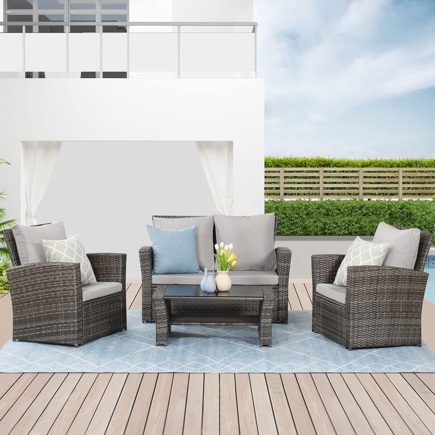 Wisteria Lane 4 Piece Outdoor Patio Furniture Sets, Wicker Conversation Set for Porch Deck, Grey Rattan Sofa Chair with Cushion ��Blue