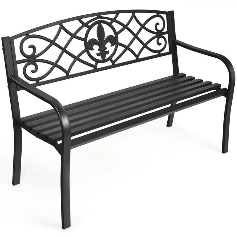 50" Weatherproof Outdoor Patio Bench with Pattern Backrest, Heavy-Duty Metal Park Bench for Garden Backyard Porch