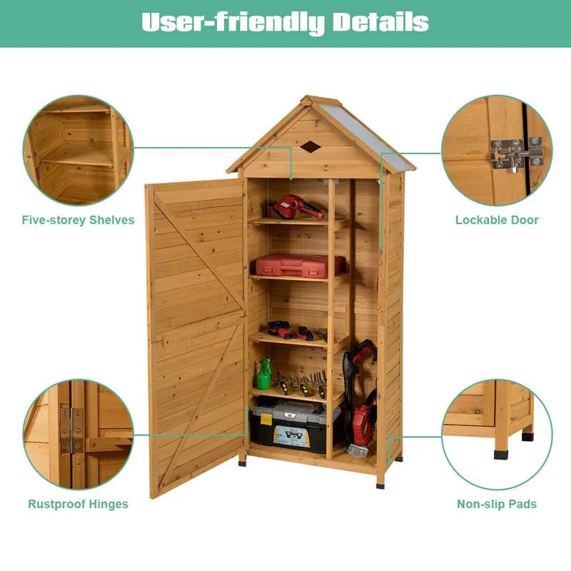 63" Wood Outdoor Storage Shed Lockable Garden Tools Storage Cabinet with 5 Shelves, Galvanized Sheet Roof