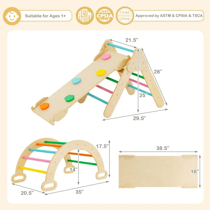5-in-1 Montessori Wooden Climbing Toys for Toddlers, Arch Climber Ladder with Sliding Ramp, Kids Triangle Climber Play Gym Set