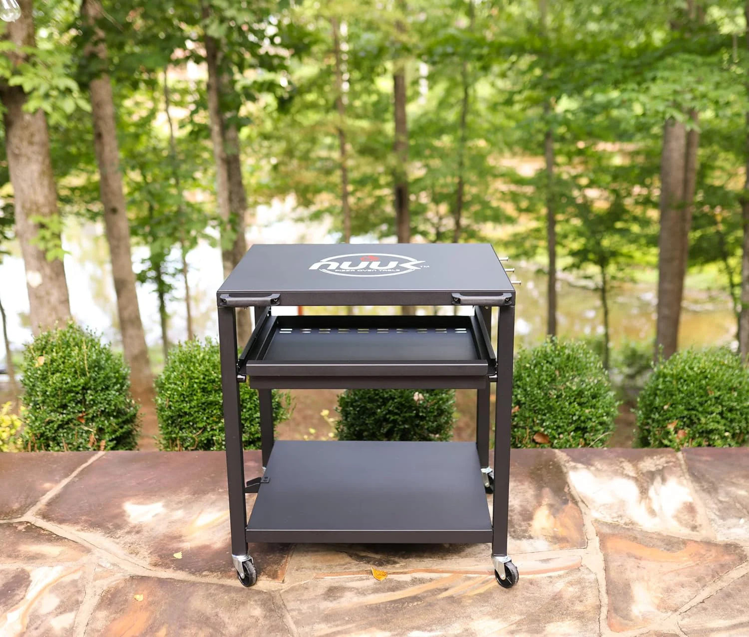 NUUK Outdoor Pizza Oven Table, Heavy Duty Rolling Prep Station with Three Shelves, 24′′x30′′, Stainless or Solid Steel