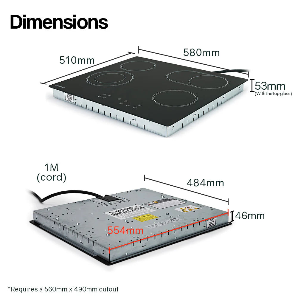 EuroChef 60cm Ceramic Cooktop 4 6 Zone Electric Glass Burner Top Flat Kitchen