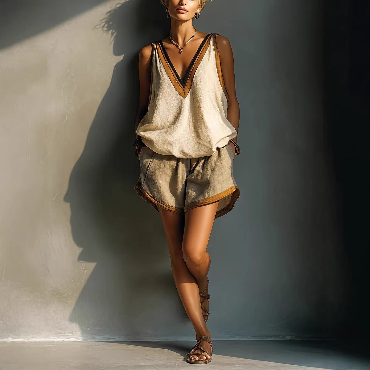 Womens Fashion Color-Block V-Neck Sleeveless Shorts Set