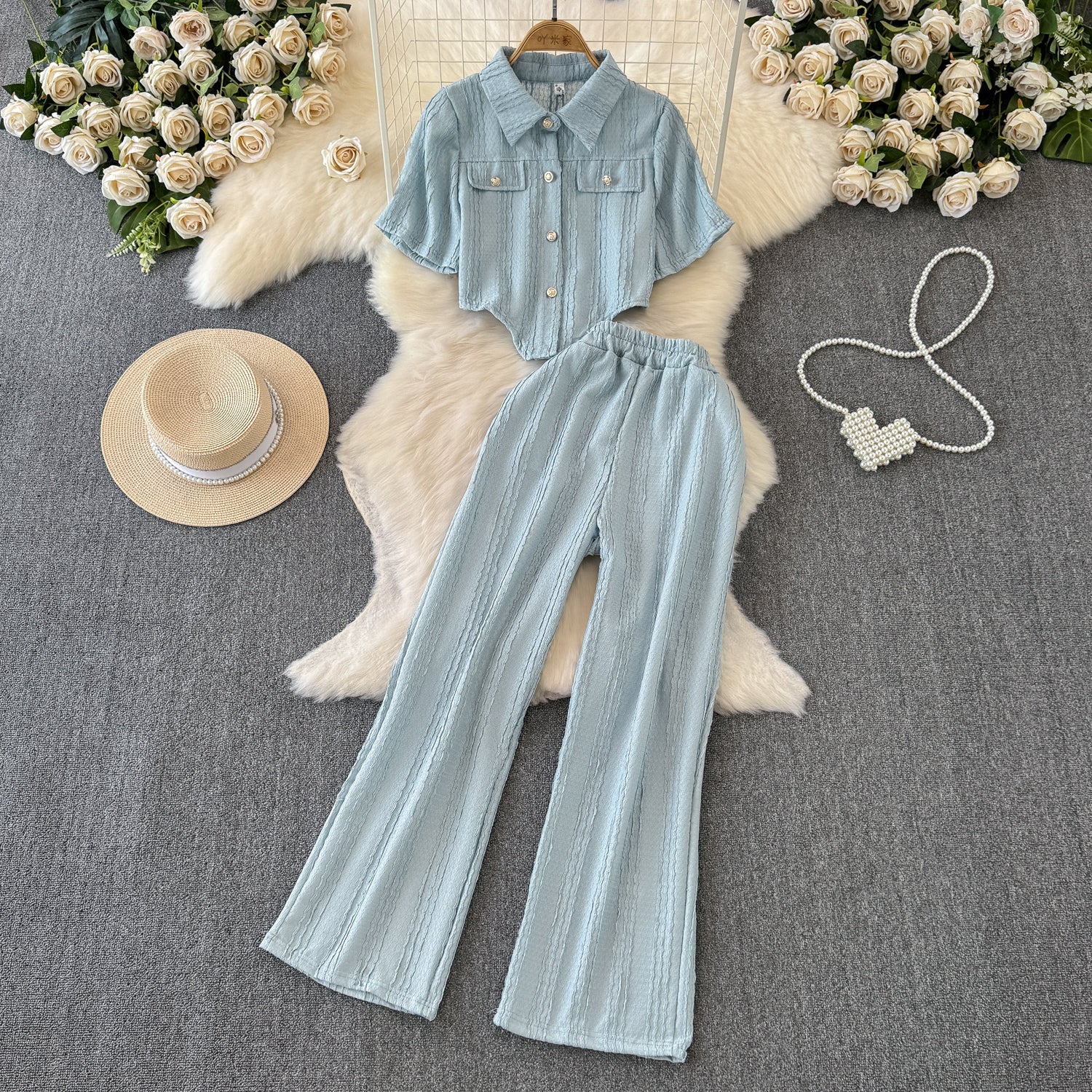 Womens Wide-leg Pants And Slim-fit Single-breasted Top Two-piece Set