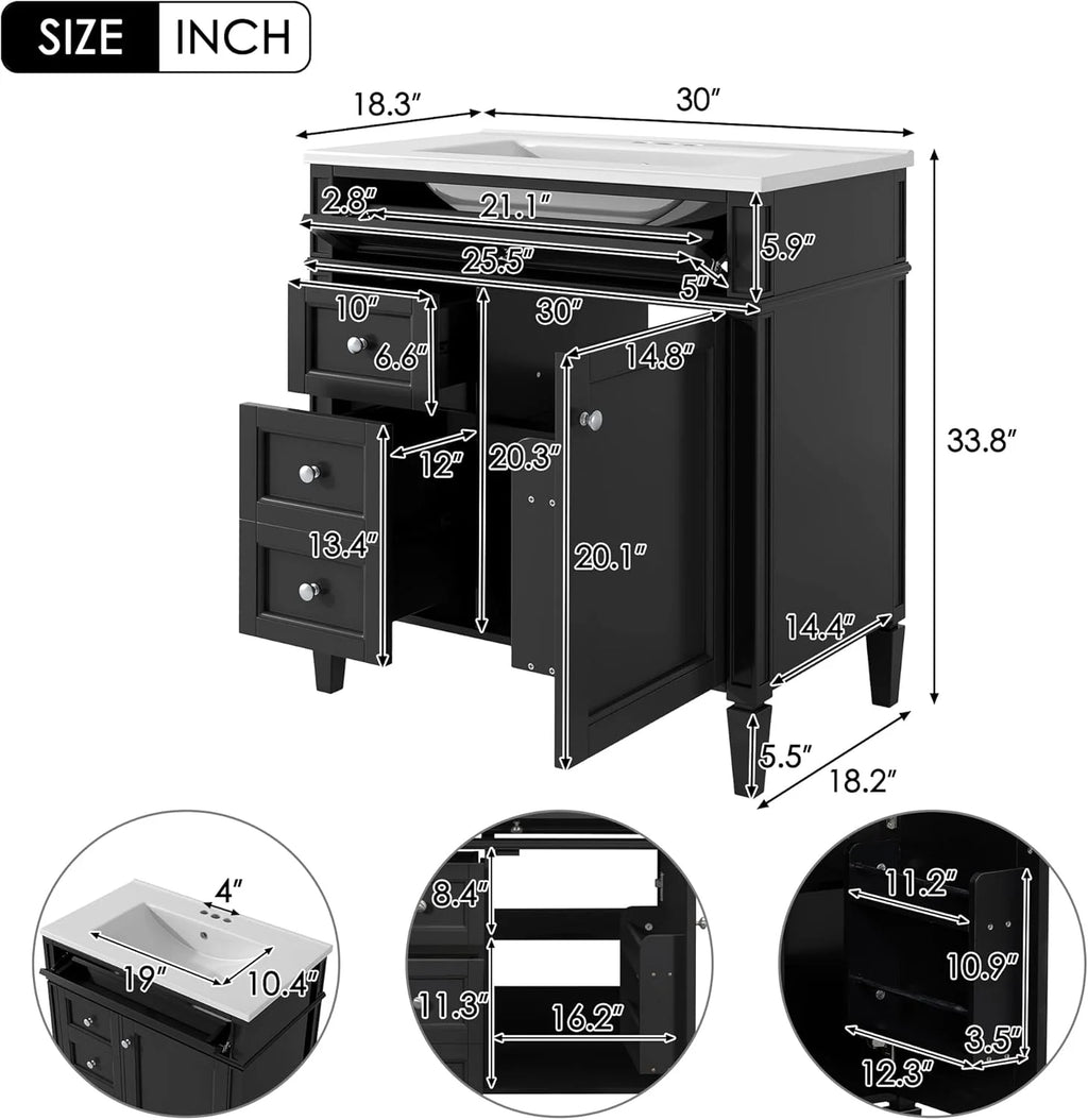 36" Bathroom Vanity with Single Sink Combo, Modern Undermount Bathroom Sink Cabinet with 2 Drawers and a Tip-Out Drawer, Freestanding Bathroom Vanities, Soft Closing, Solid Wood Frame