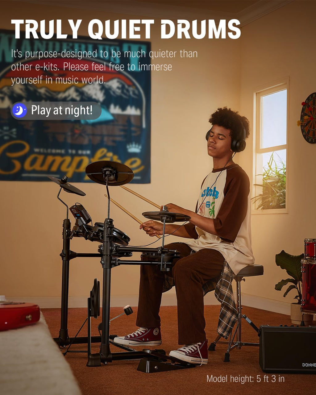 Donner DED-80 Electronic Drum Set, Electric Drum Set for Beginner with 4 Quiet Mesh Drum Pads, 2 Switch Pedal, 180+ Sounds, Throne, On-Ear Headphones, Sticks, and Melodics Lessons Included.