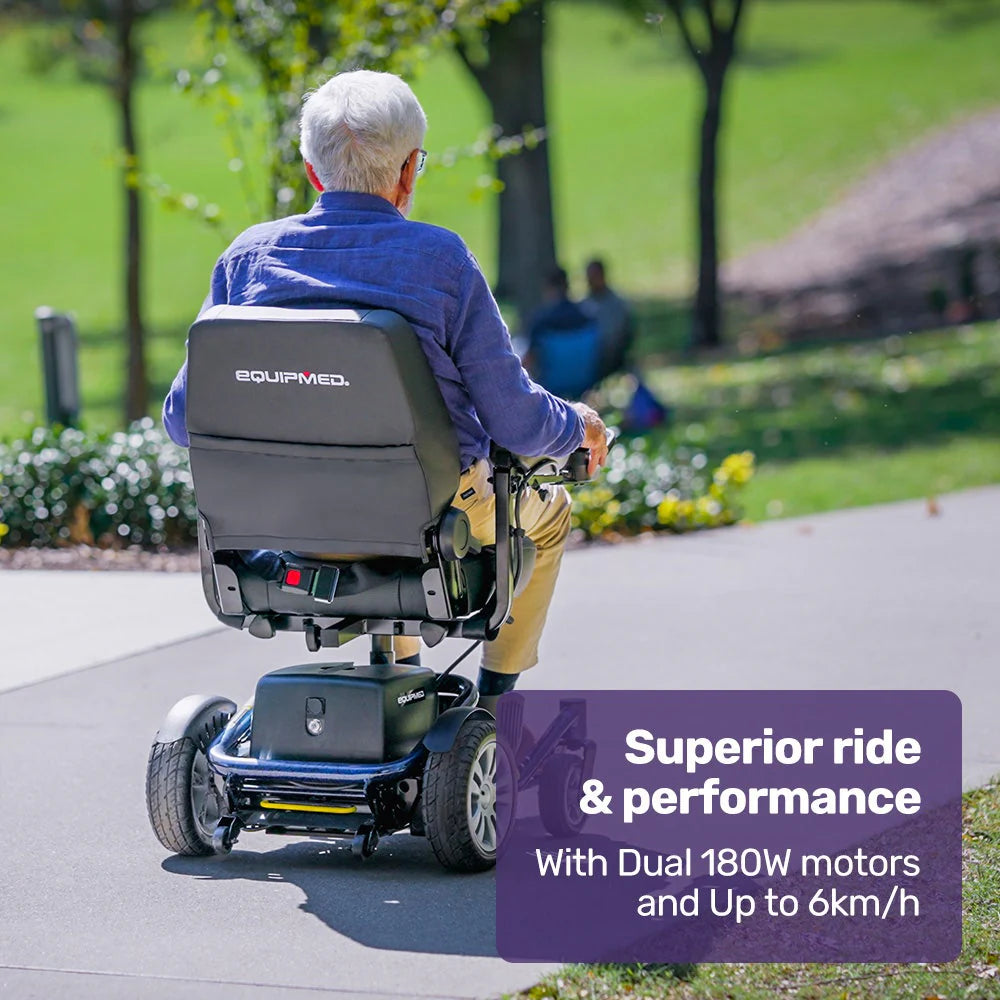 EQUIPMED Heavy Duty Electric Wheelchair, Up to 20km Range, Ultra-Comfortable, Great Turning Circle, Safe Stable Non-Slip Anti-Roll Back Power Chair, Blue