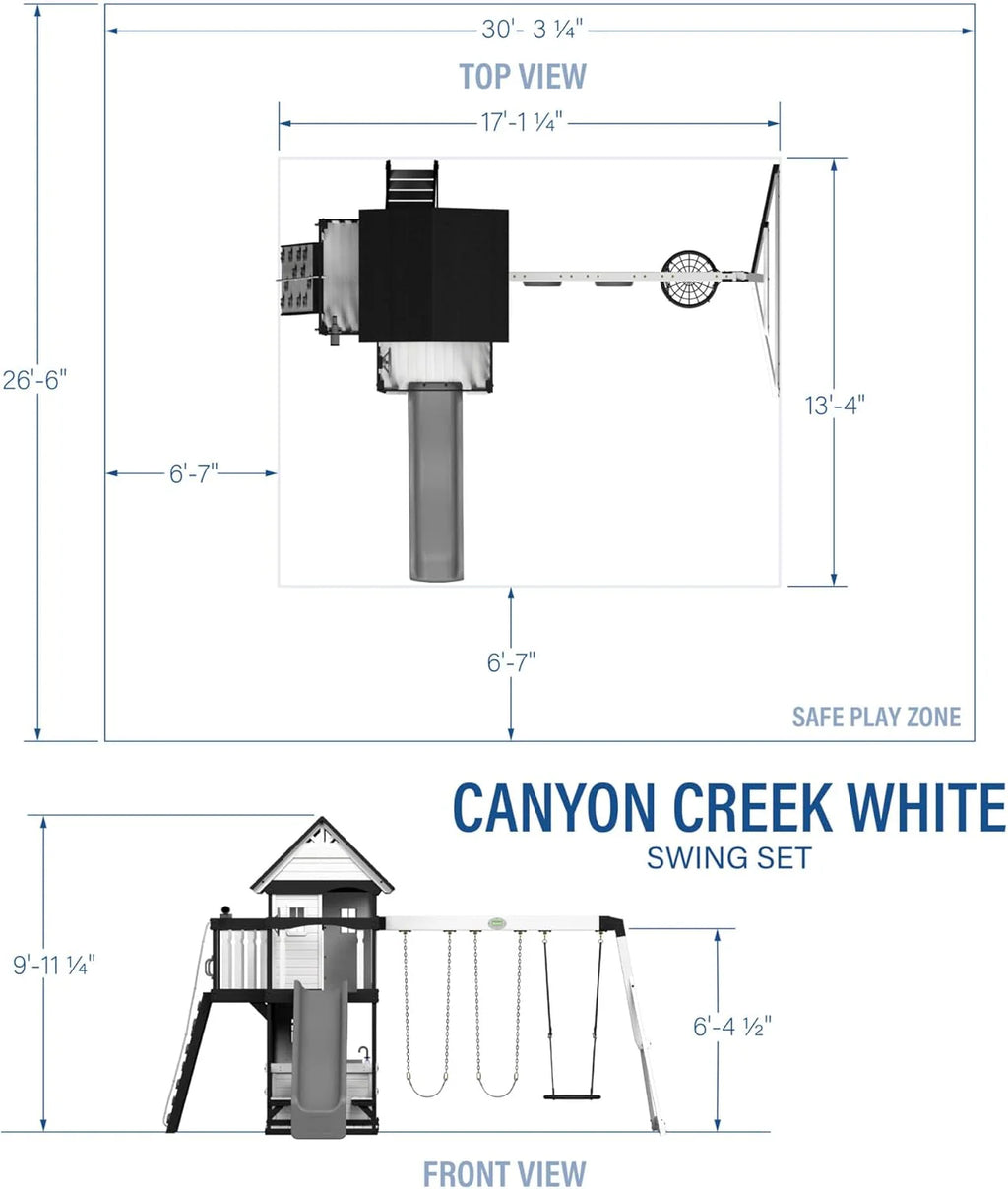 Backyard Discovery Canyon Creek Cedar Wood Swing Set with Wave Slide, Clubhouse, Play Kitchen, Picnic Area, Belt Swings, Web Swing, Rock Wall, Balconies, Playhouse, Step Ladder, Outdoor Playset