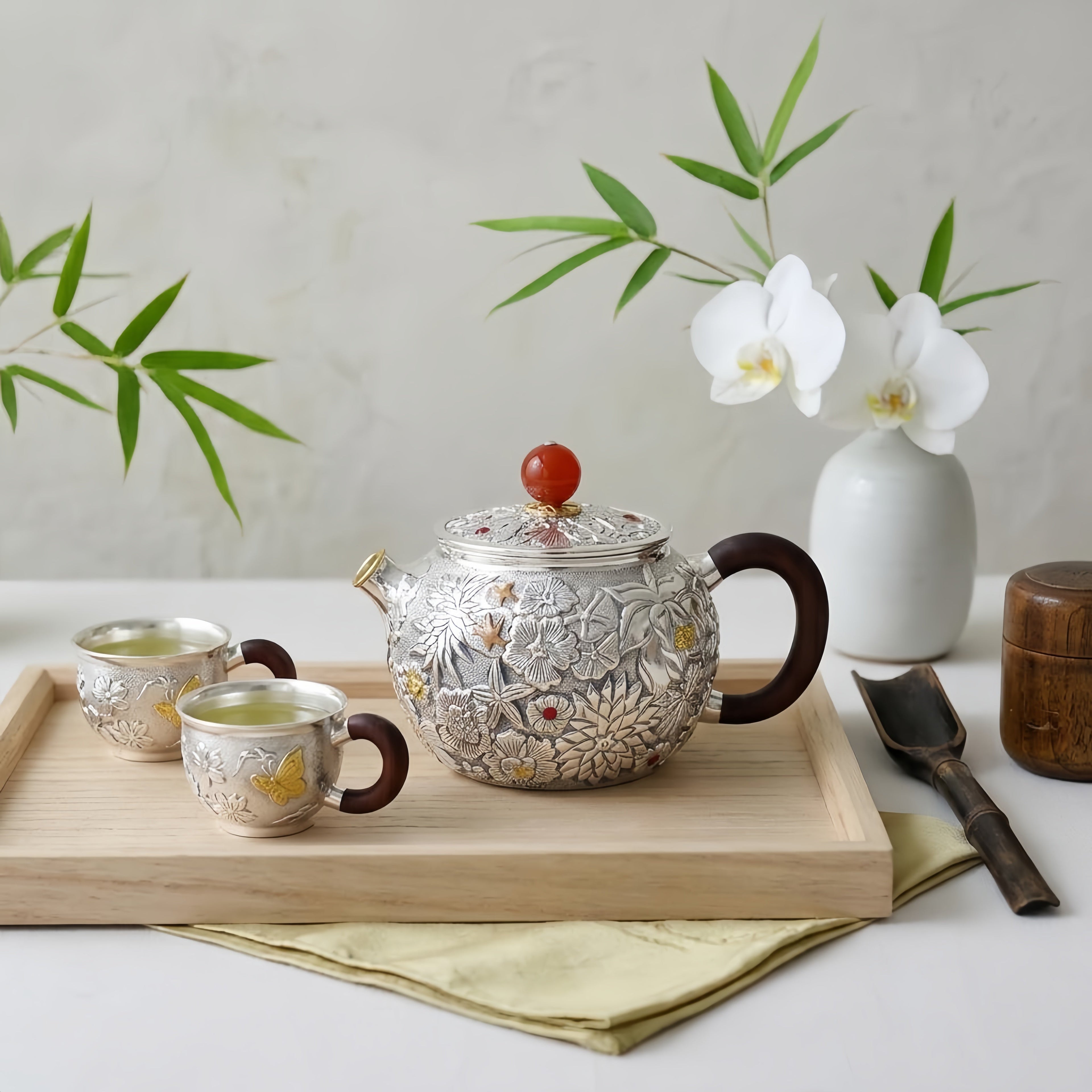 925 Sterling Silver Exquisite Floral Relief Silver Teapot Featuring Wood Handle and Vibrant Red Accent - Handicraft