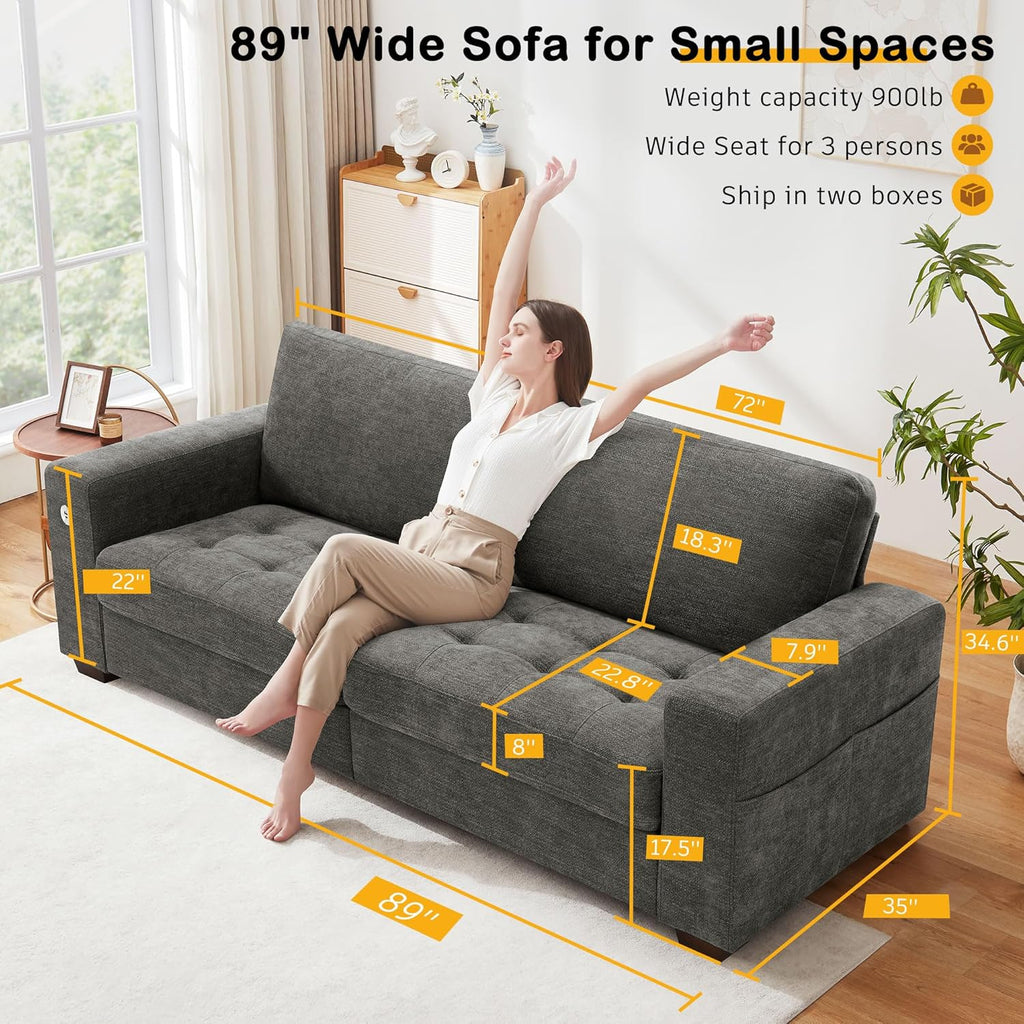 Hanherry 89" Sofa for Living Room, Modern Comfy Sofa with Medium Firm Seat Cushion, Removable Cover,Wide Armrest,USB/Type-C Port,Chenille Fabric Couches for Small Space,Apartment