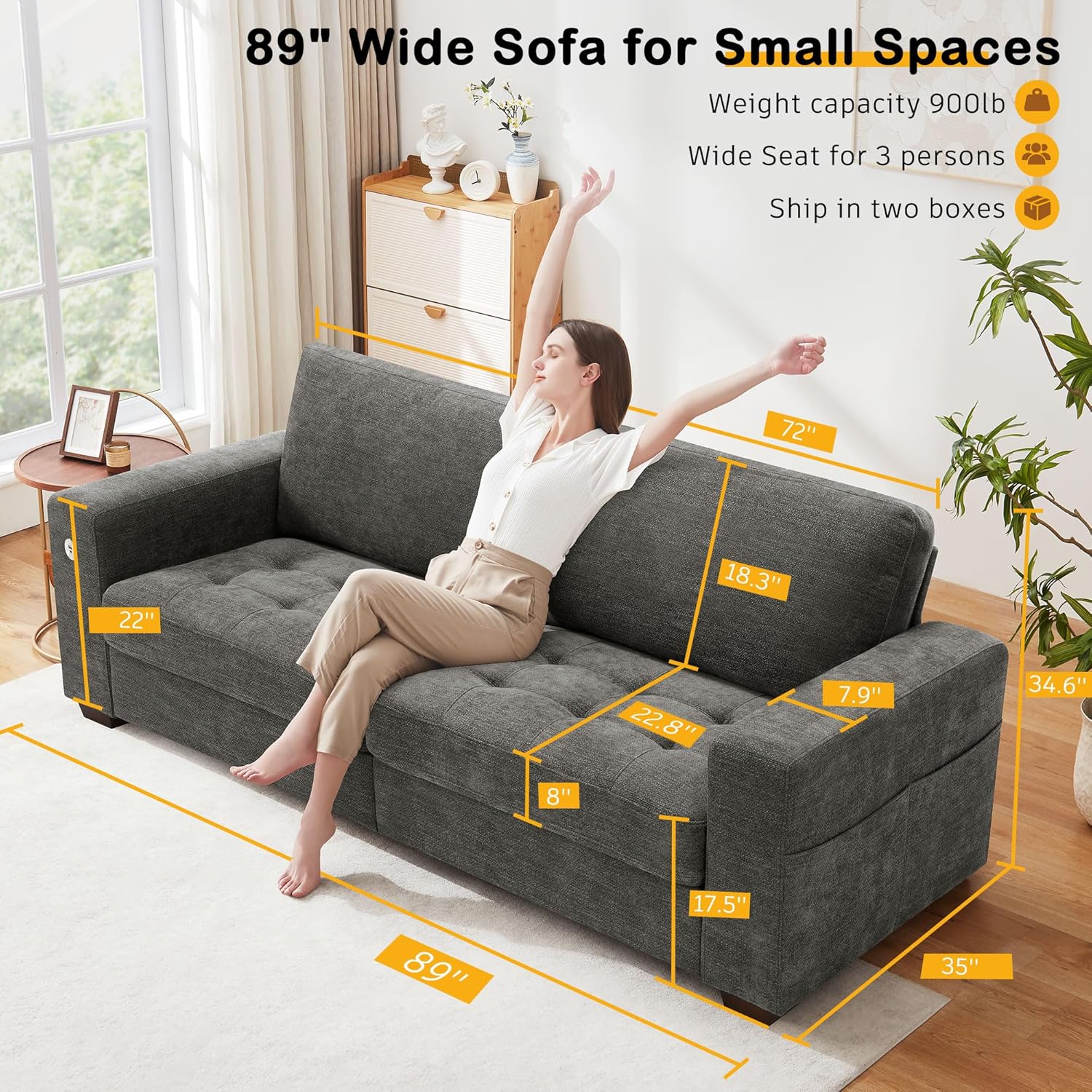 Hanherry 89" Sofa for Living Room, Modern Comfy Sofa with Medium Firm Seat Cushion, Removable Cover,Wide Armrest,USB/Type-C Port,Chenille Fabric Couches for Small Space,Apartment
