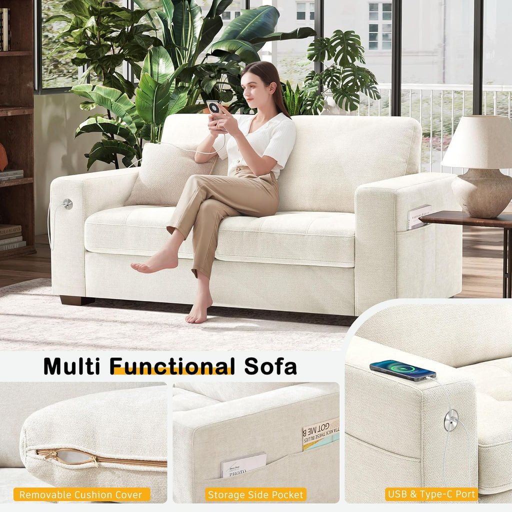 Hanherry 89" Sofa for Living Room, Modern Comfy Sofa with Medium Firm Seat Cushion, Removable Cover,Wide Armrest,USB/Type-C Port,Chenille Fabric Couches for Small Space,Apartment