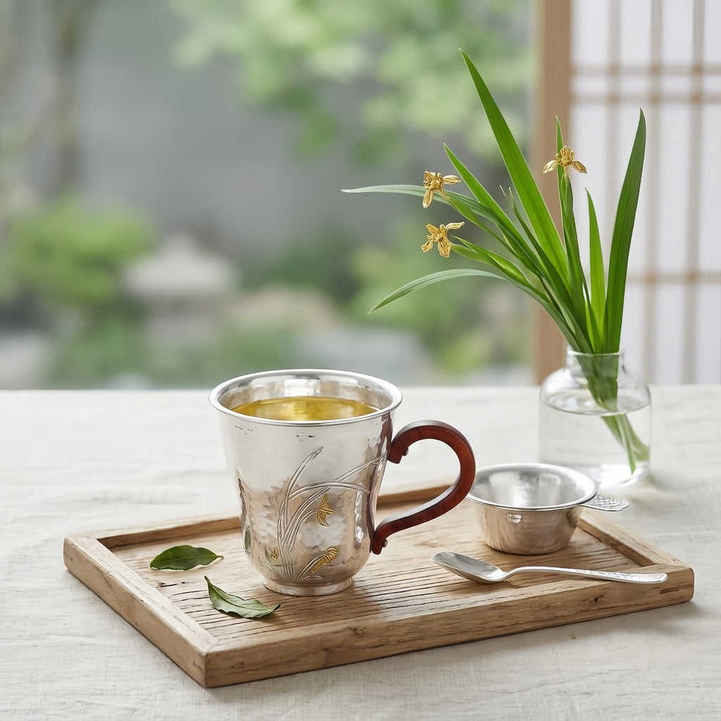 925 Sterling Silver Handcrafted Silver Mug with Orchid Motif and Wooden Handle - Handicraft