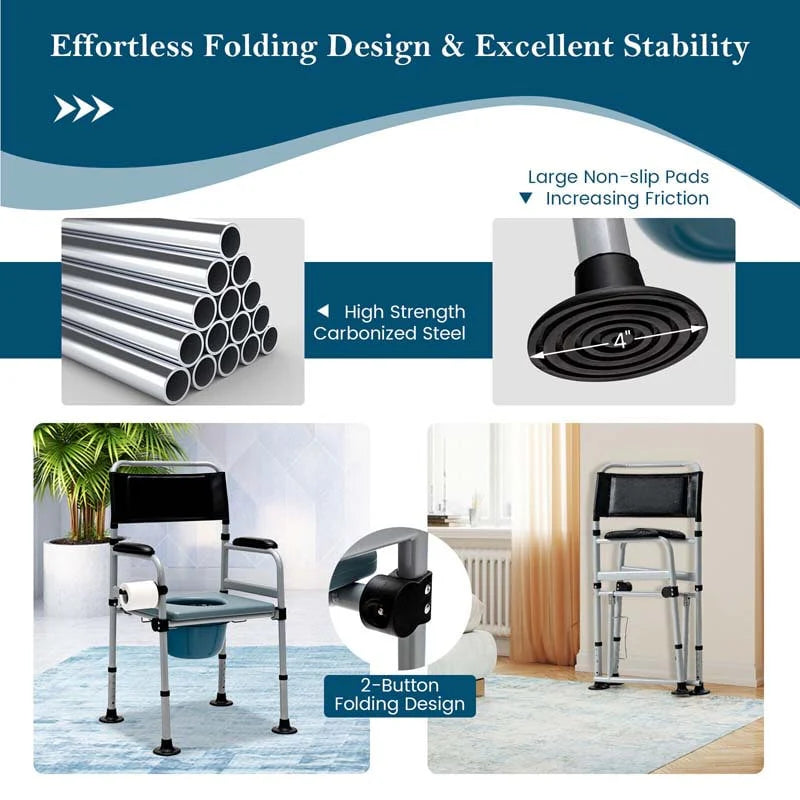 4-in-1 Folding Bedside Commode Chair with Arms, Height Adjustable Portable Toilet Bath Shower Potty Chair