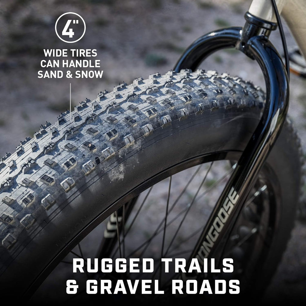 Mongoose Malus Mens and Women Fat Tire Mountain Bike, 26-Inch Bicycle Wheels, 4-Inch Wide Knobby Tires, Steel Frame, 7 Speed Drivetrain, Shimano Rear Derailleur, Disc Brakes