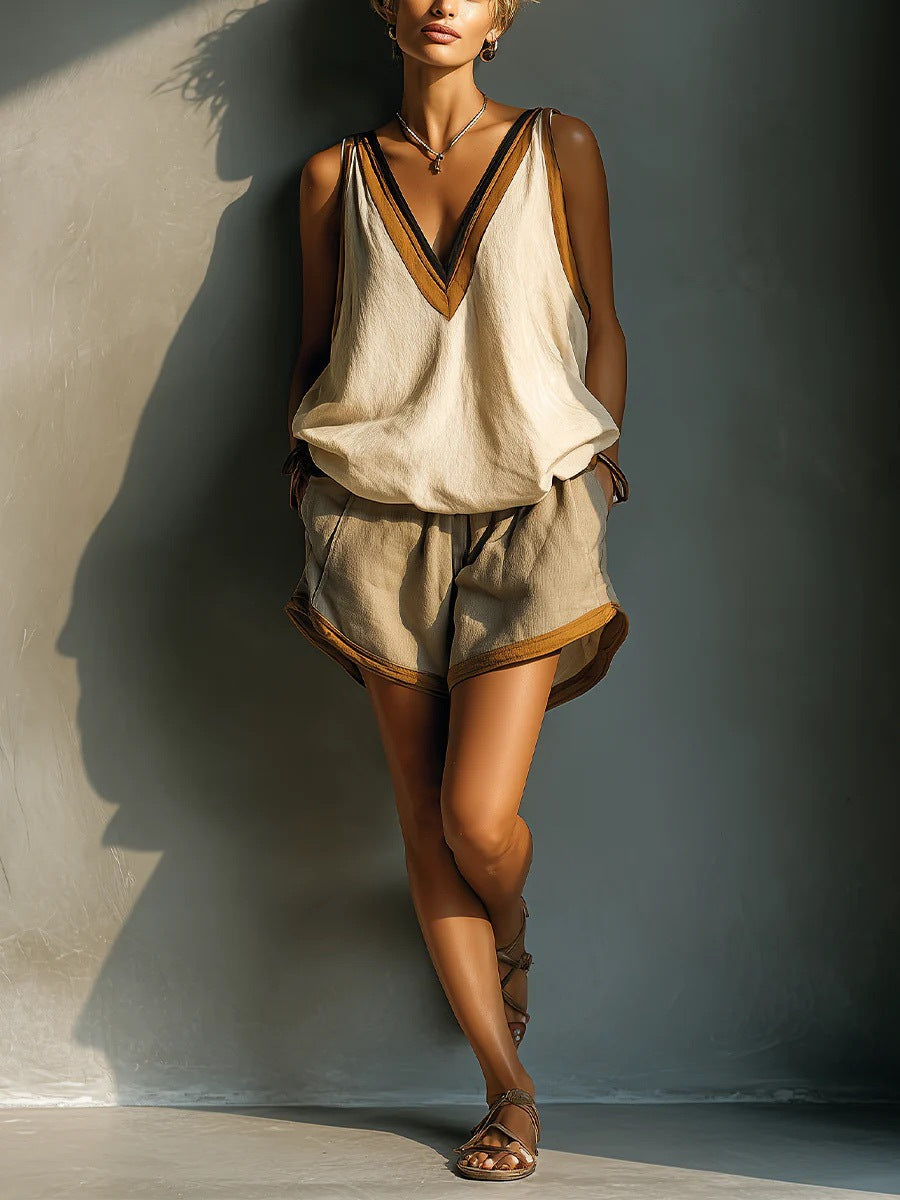 Womens Fashion Color-Block V-Neck Sleeveless Shorts Set