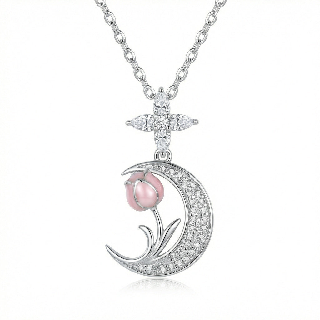 925 Sterling Silver Elegant Silver Crescent Moon Necklace Featuring a Delicate Pink Tulip Pendant