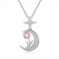 925 Sterling Silver Elegant Silver Crescent Moon Necklace Featuring a Delicate Pink Tulip Pendant