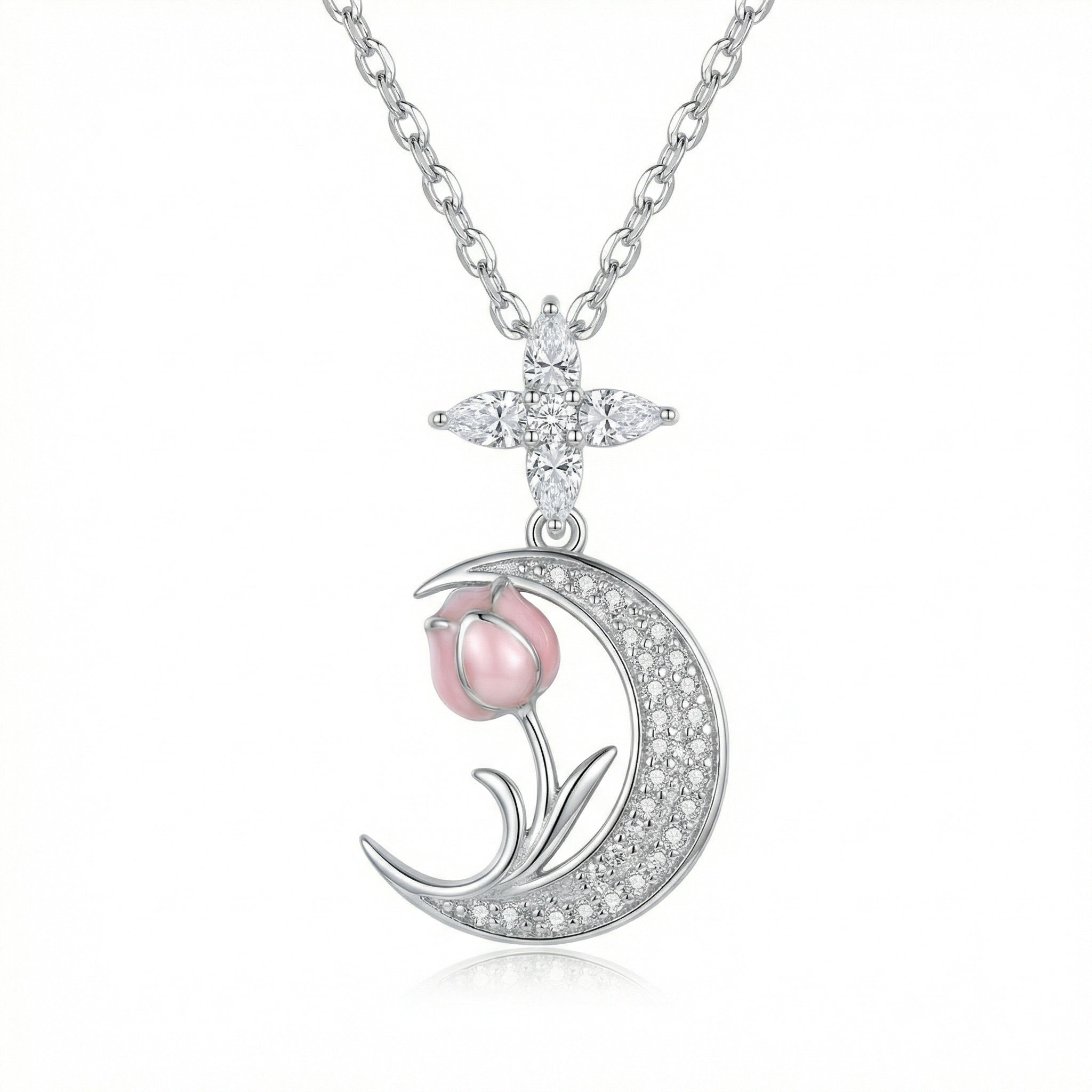 925 Sterling Silver Elegant Silver Crescent Moon Necklace Featuring a Delicate Pink Tulip Pendant