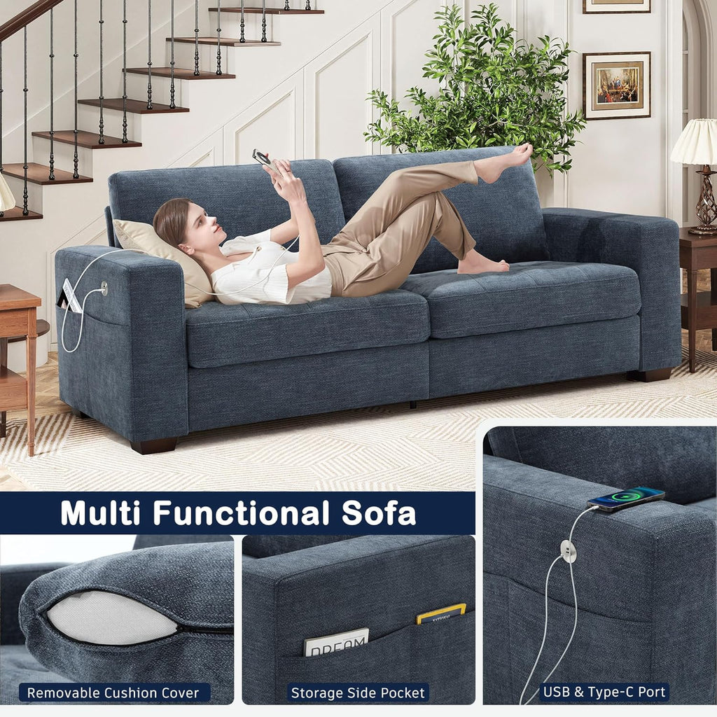 Hanherry 89" Sofa for Living Room, Modern Comfy Sofa with Medium Firm Seat Cushion, Removable Cover,Wide Armrest,USB/Type-C Port,Chenille Fabric Couches for Small Space,Apartment