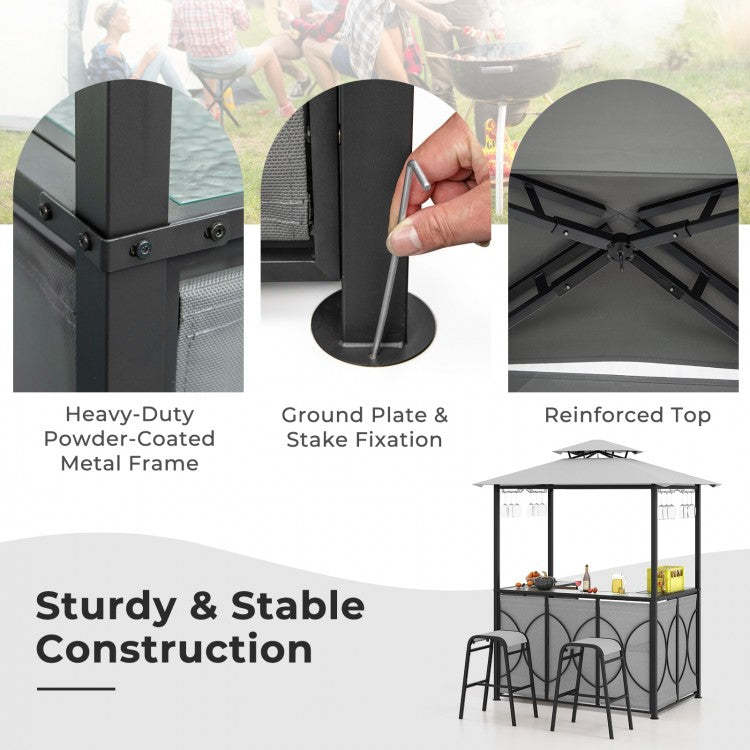 3-Piece Patio Bar Set Grill Gazebo & 2 Bar Stools with Tempered Glass Bar Table