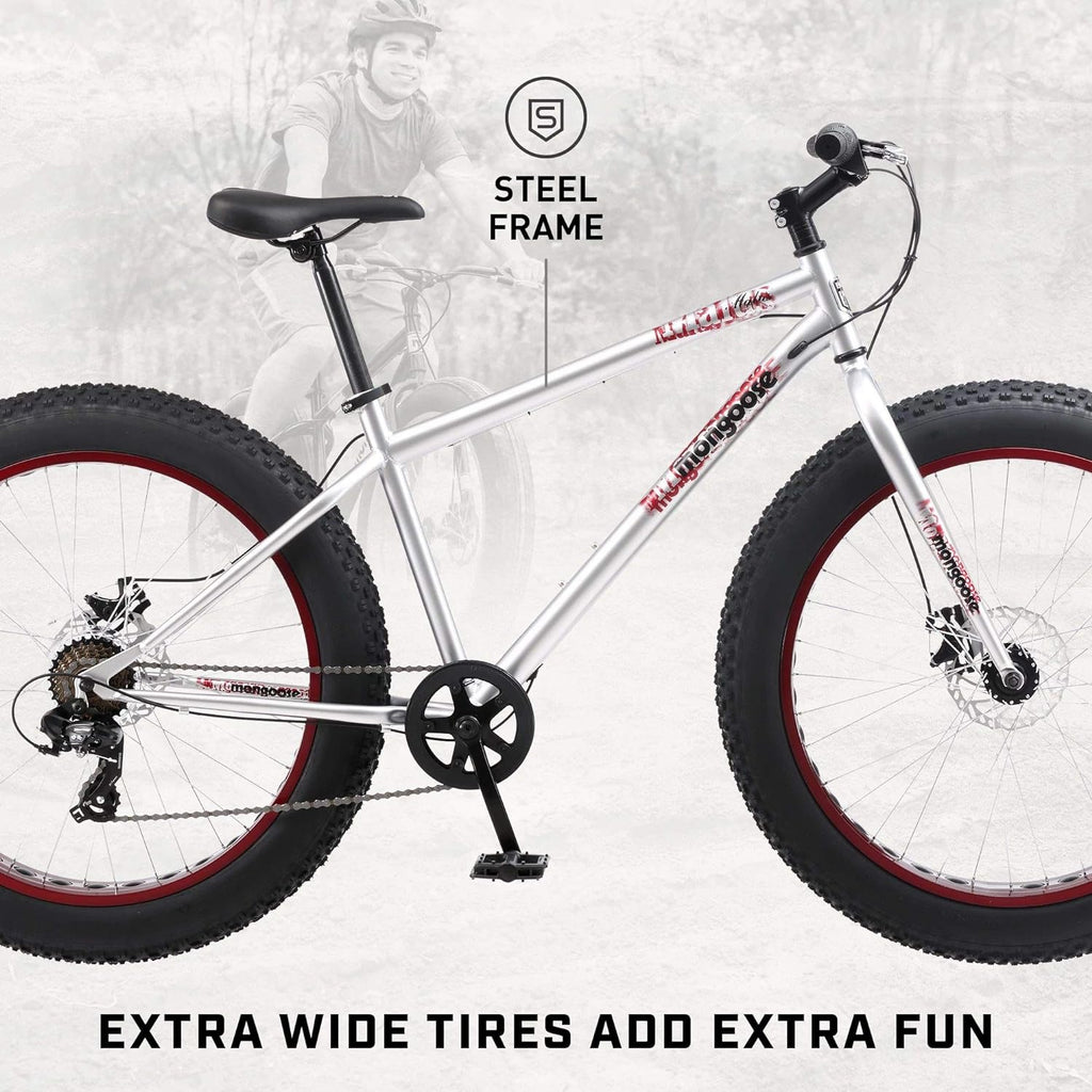 Mongoose Malus Mens and Women Fat Tire Mountain Bike, 26-Inch Bicycle Wheels, 4-Inch Wide Knobby Tires, Steel Frame, 7 Speed Drivetrain, Shimano Rear Derailleur, Disc Brakes