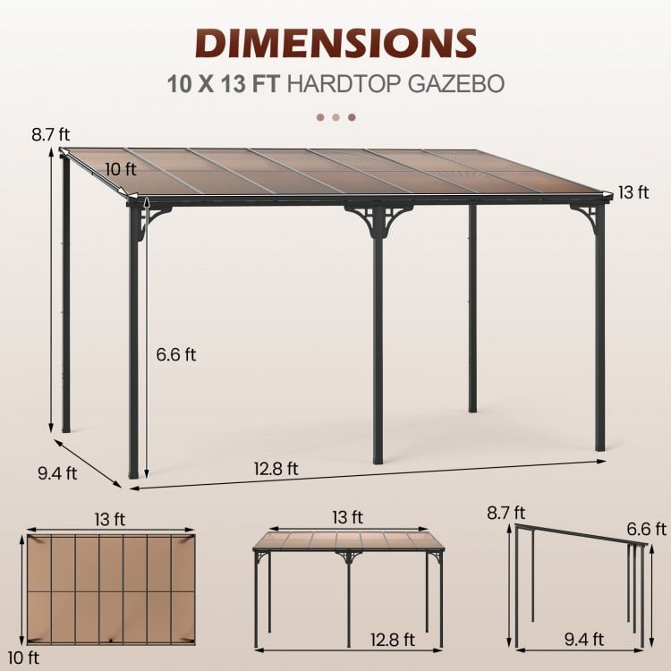 Wall-Mounted Patio Gazebo Large Outdoor Hardtop Pergola with Sloped Polycarbonate Roof