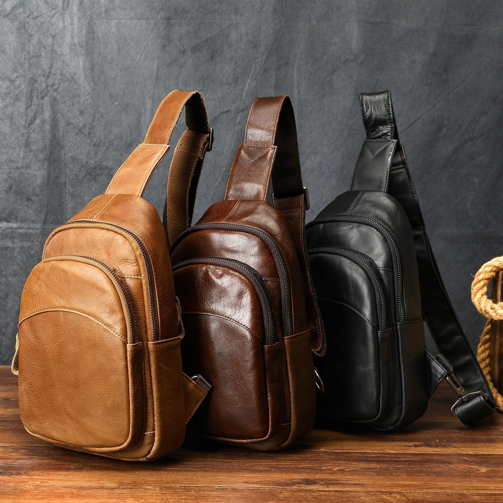Mens Full-Grain Shoulder Casual Minimalist Chest Bag Large Capacity Genuine Leather
