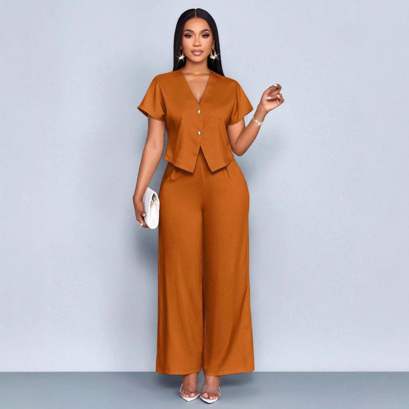 Short-sleeve V-neck Irregular Cardigan And Straight-leg Wide-leg Pants Set