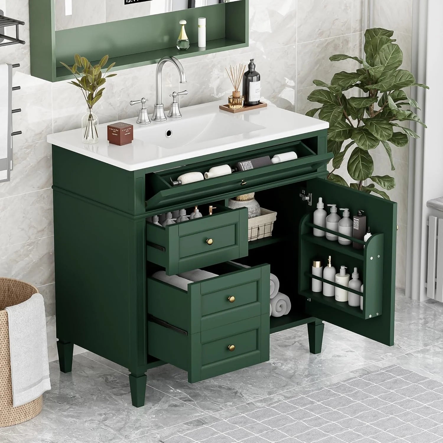 36" Bathroom Vanity with Single Sink Combo, Modern Undermount Bathroom Sink Cabinet with 2 Drawers and a Tip-Out Drawer, Freestanding Bathroom Vanities, Soft Closing, Solid Wood Frame