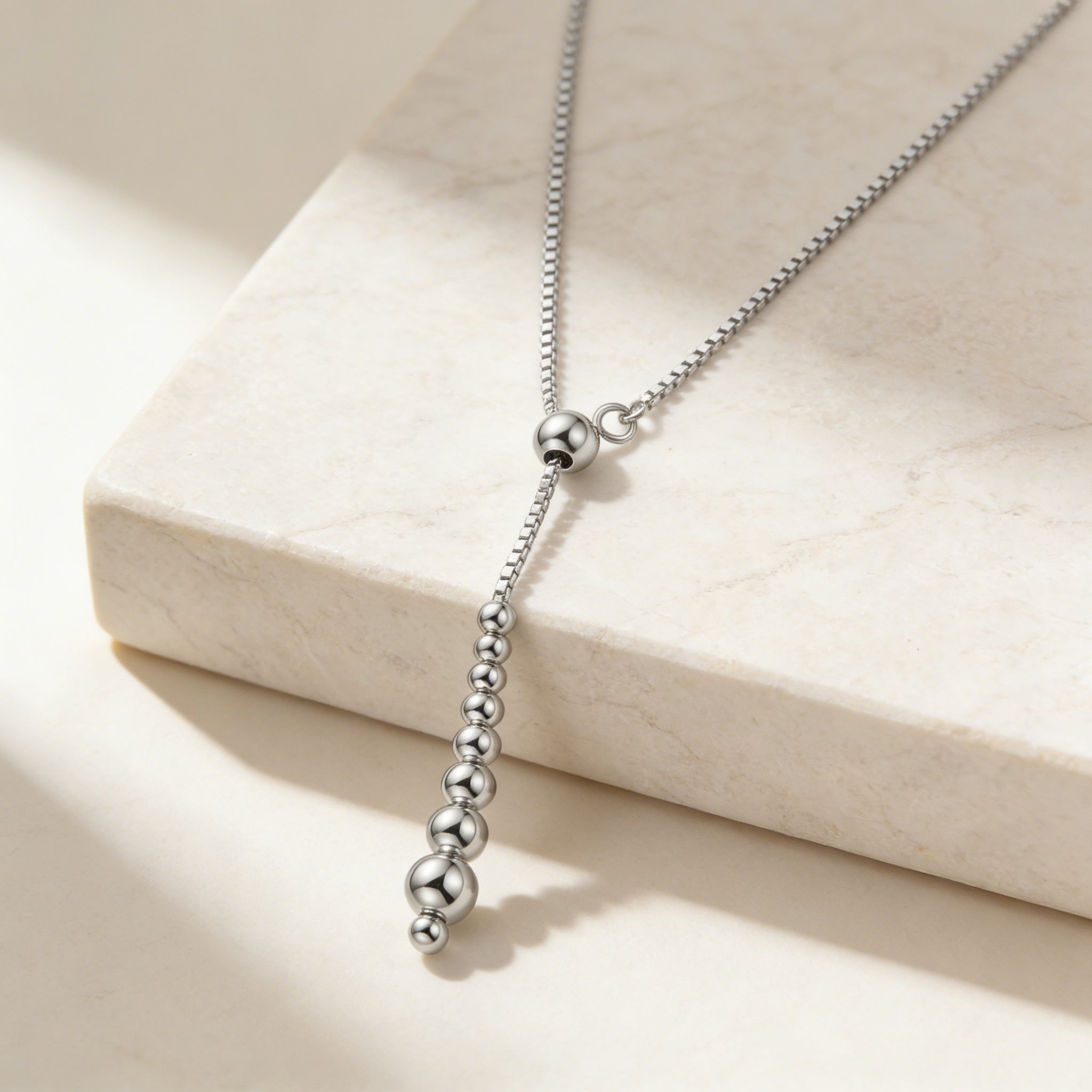 925 Sterling Silver Elegant Sterling Silver Graduated Bead Lariat Necklace with Adjustable Slider Box Chain